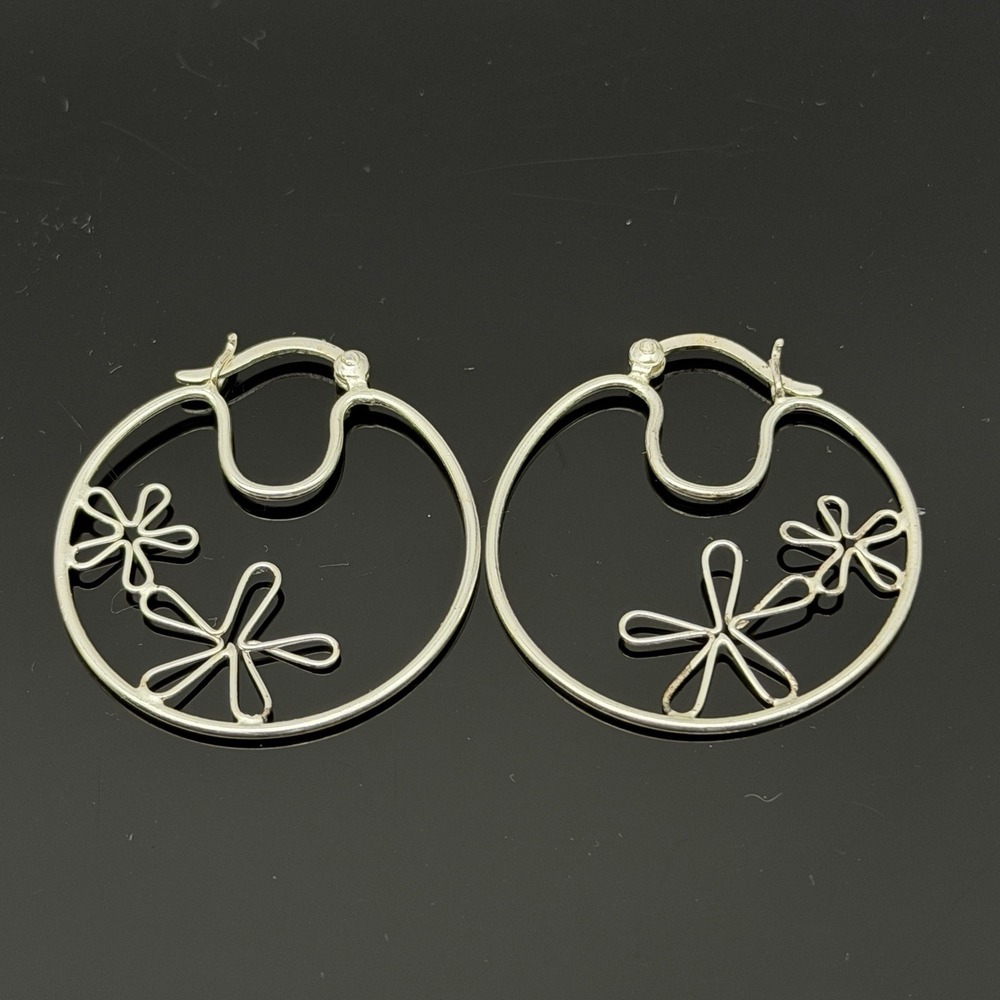 Sterling Silver Encircled Flowers Floral Cutout Hoop Earrings Boho Spring 1.25"